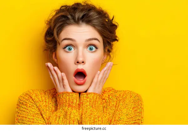 Woman with a surprised expression on a yellow background