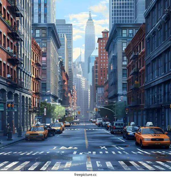 A wide street with tall buildings on both sides and a clear blue sky