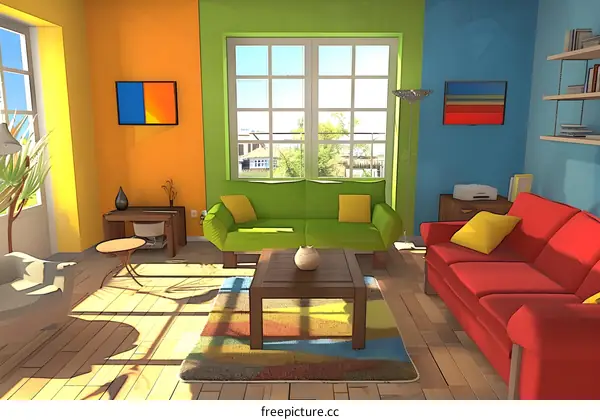 Colorful Living Room Interior Design with Green Sofa and Red Sofa