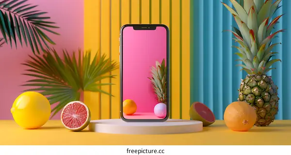 Colorful Still Life with Phone and Tropical Fruits