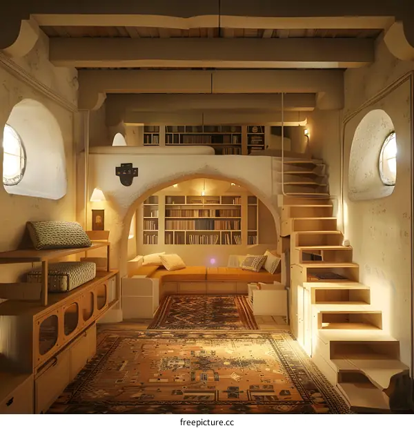 Cozy Library Room With Wooden Staircase And Bookshelves