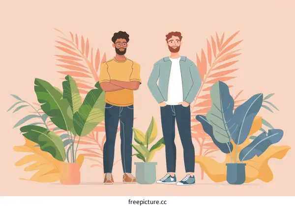 Two men standing in front of a tropical plants background