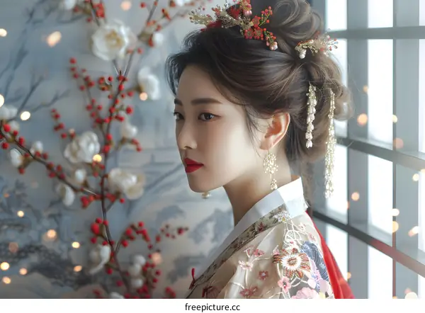 A beautiful Korean woman in traditional dress stands in front of a window.