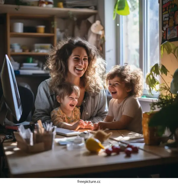 Toddlers laughing with their mother
