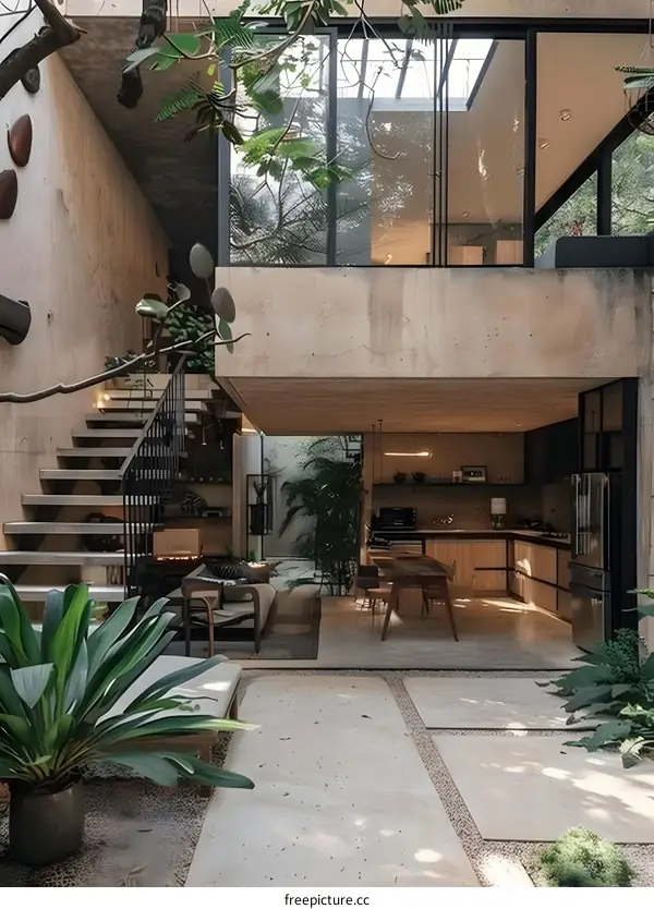 Modern Concrete Patio with Indoor Kitchen and Staircase