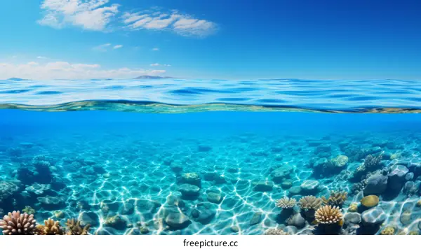 Stunning Split-Level Underwater View of Colorful Coral Reef and Crystal-Clear Ocean Water