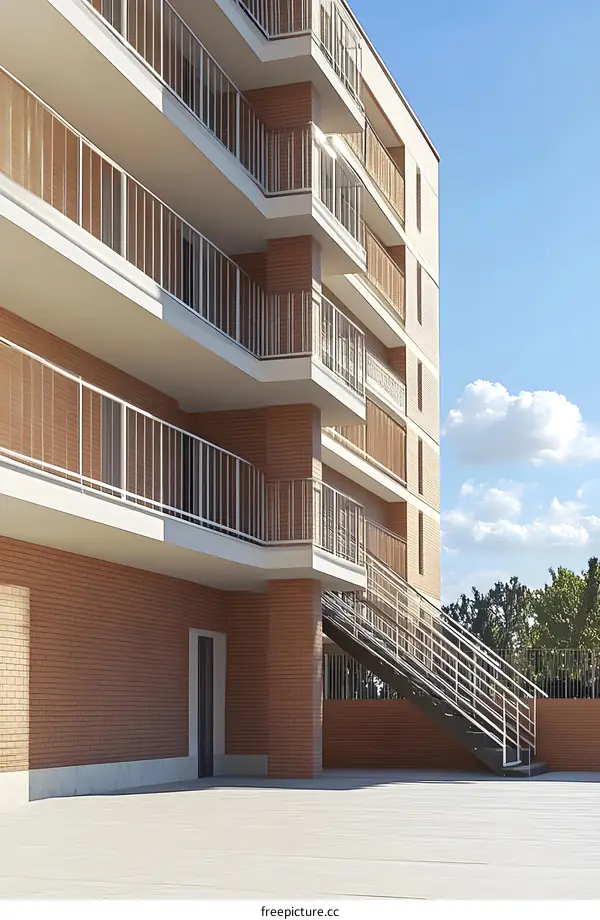 Modern Building Exterior With Balconies And Stairs