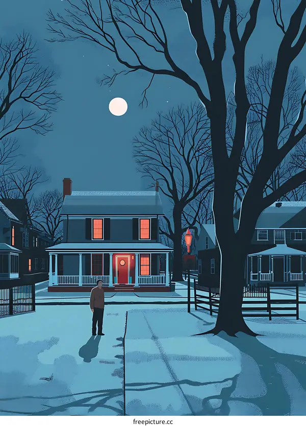 Snowy Night in a Suburb with a Single Man