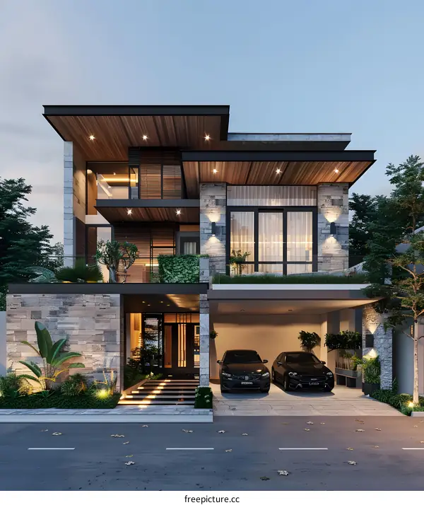Modern House Design with Stone Facade and Garage