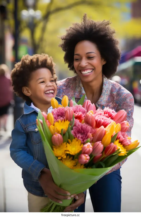 Happy mother and son with flowers