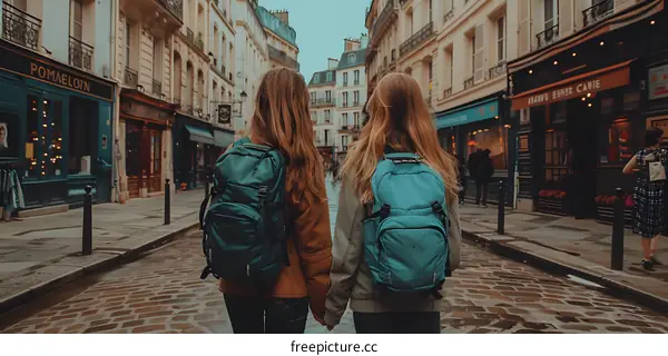 Two Women Walking Through Narrow Cobblestone Street in Paris