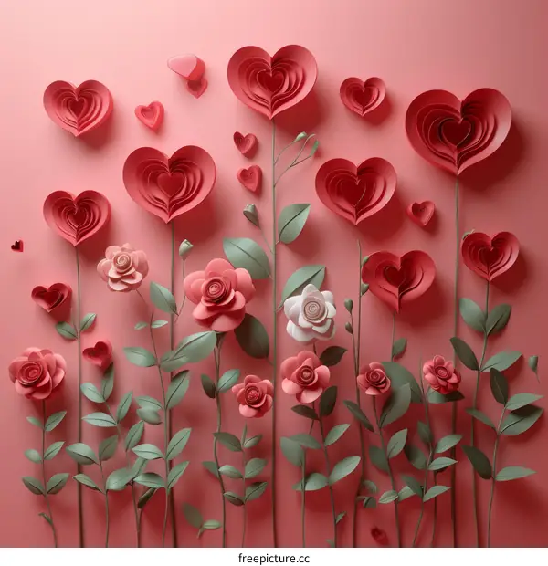 Pink Paper Flower and Heart Background