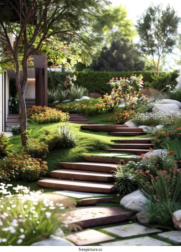 Stone Steps and Colorful Plants for a Beautiful Landscape