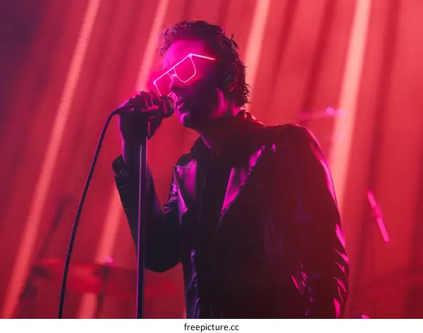 The lead singer of a rock band is lit by a red spotlight while performing on stage