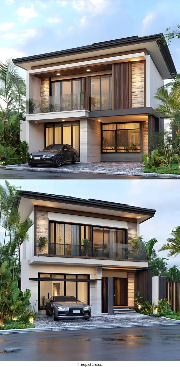 Modern Two Story House with Carport and Balconies
