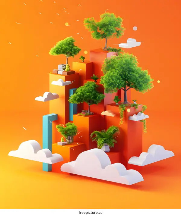 Abstract Orange Background With Green Trees And White Clouds