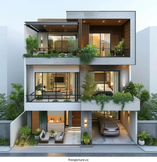 Modern three story house with green balconies and garage