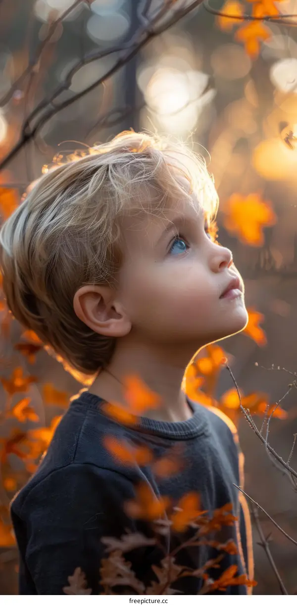 Little boy looking up at the sky in wonder
