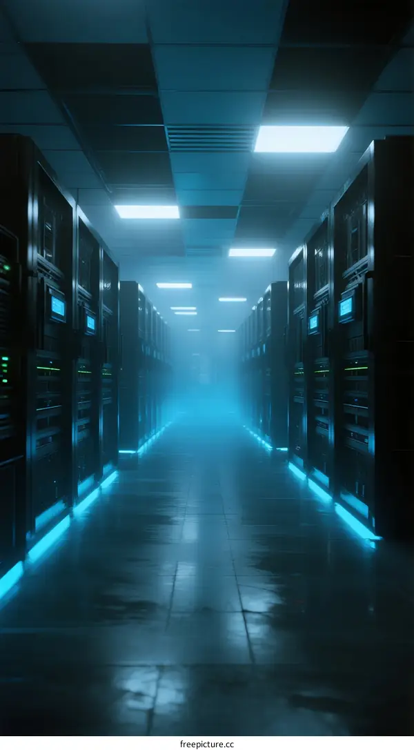 Long corridor in modern data center with glowing servers