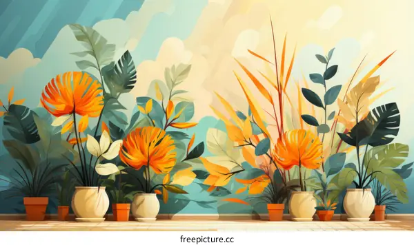 Vibrant Tropical Leaves and Flowers Botanical Illustration
