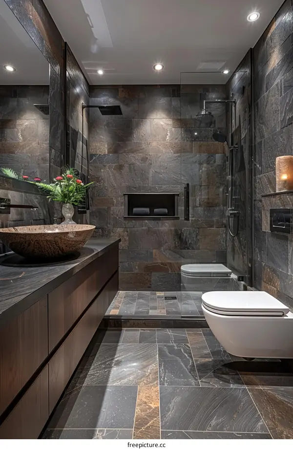 Modern Luxury Dark Grey Bathroom Design with Stone Tiles
