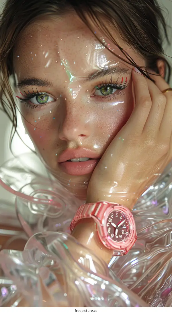Portrait of a Young Woman with Green Eyes and Freckles Wearing a Pink Watch