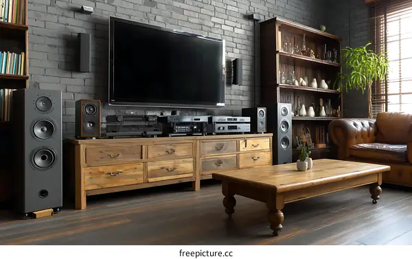 Modern Home Theater Room with Wooden Furniture