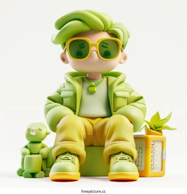 3D Green Man with Sunglasses Sitting on a Chair