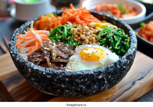 Korean food dolsot bibimbap with beef, egg and vegetables
