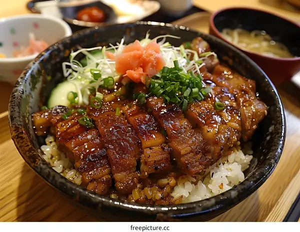Japanese Food, Closeup Of Pork Cutlet Bowl With Rice, Ginger And Green Onions