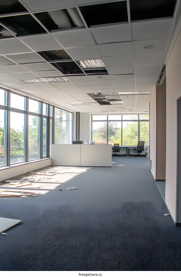 Empty Office Space with Damaged Ceiling and Sunbeams
