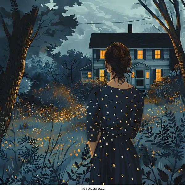 A woman standing in a field of flowers at night looking at a house