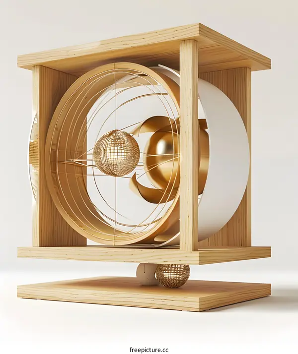 Abstract Geometric Wooden Sculpture with Golden Spheres