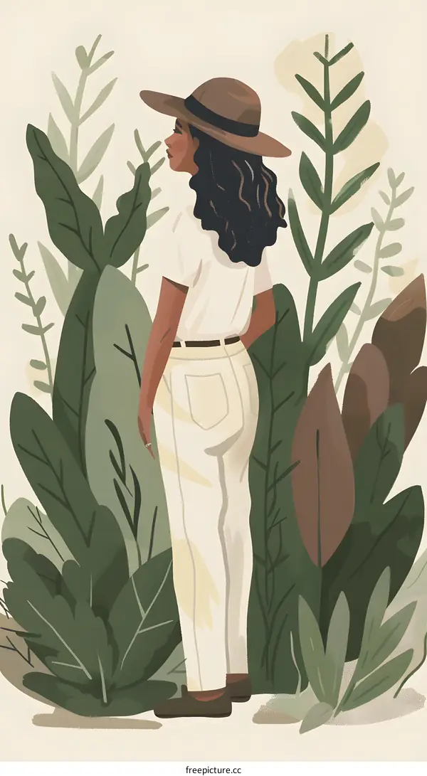 Woman in Hat Standing in a Field of Green Leaves