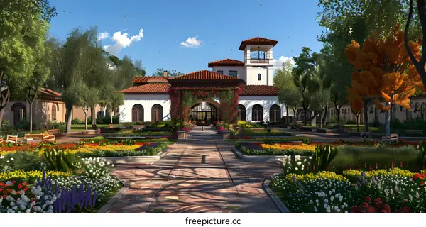 Courtyard of a Spanish style house with a red tile roof
