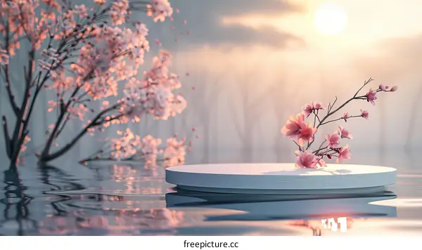 Pink flowers on a white podium with a pink background