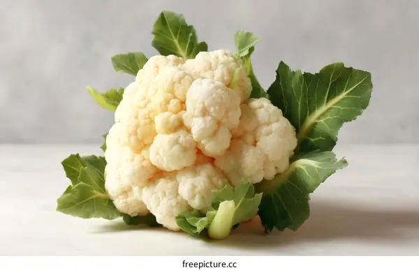 Fresh Cauliflower Head with Leaves on White Surface