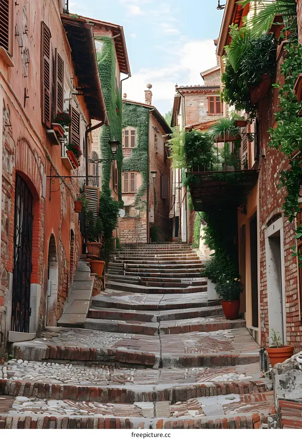Narrow street with stairs and old buildings in Italy