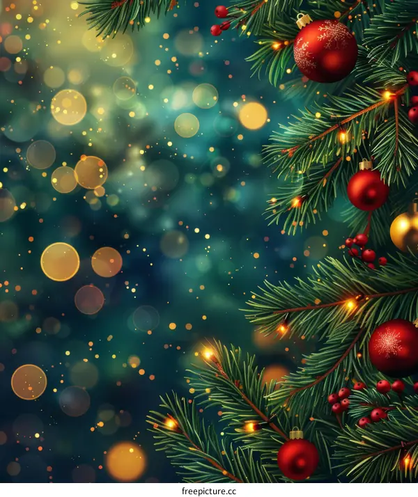 Christmas Background with Red and Gold Ornaments on Pine