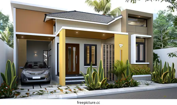 Modern Home Design with Yellow Wall and Green Plants