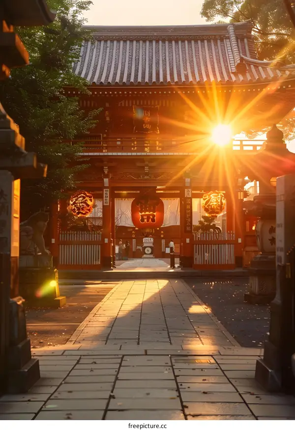 Golden Hour Sun Rays Through Traditional Japanese Temple Gate