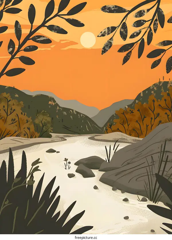 Sunset Mountain Landscape Illustration with River and Rocks