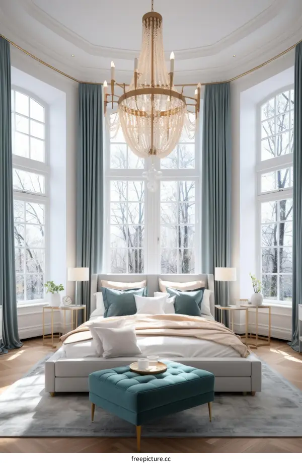 Elegant bedroom with large windows and a crystal chandelier