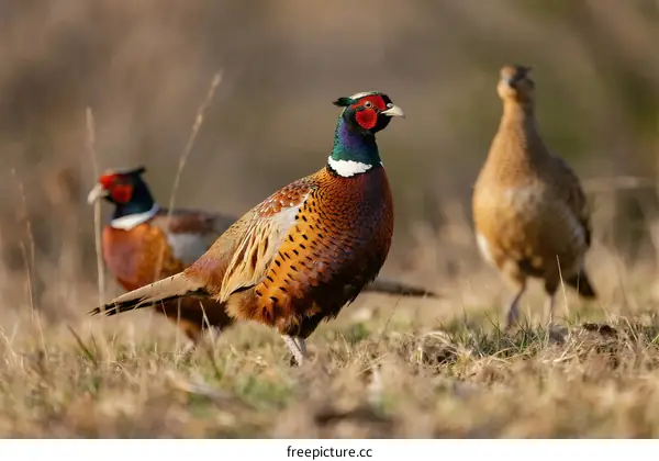 Group of colorful pheasants standing on a grassy field