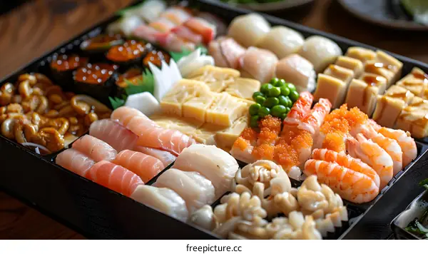 Assortment of Fresh Seafood Sashimi Platter in Black Container