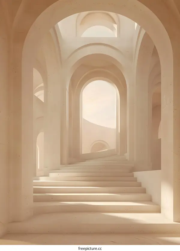 Abstract Architecture with Arched Hallways and Stairs
