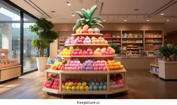 A store display of colorful squishy toys in the shape of fruits.