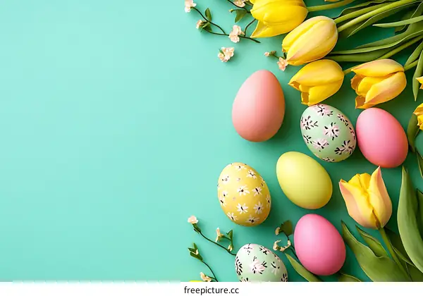 Easter Eggs and Tulips on a Teal Background