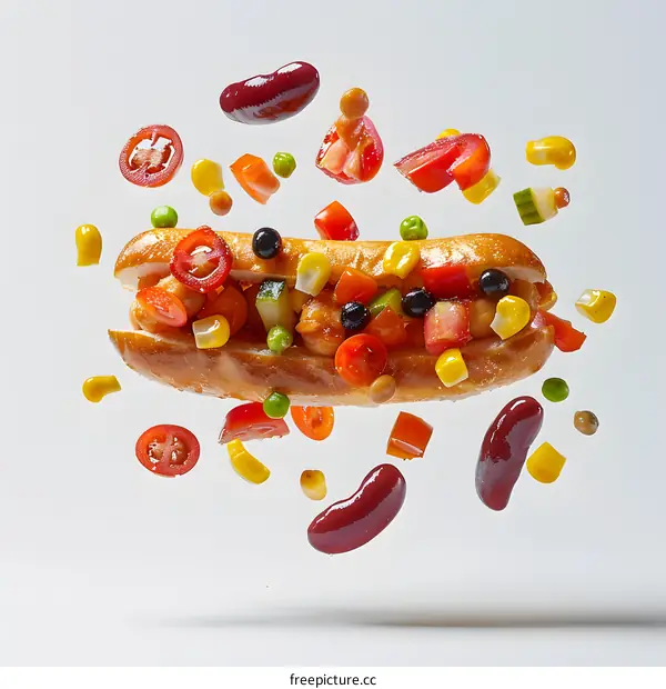 Hotdog with flying ingredients