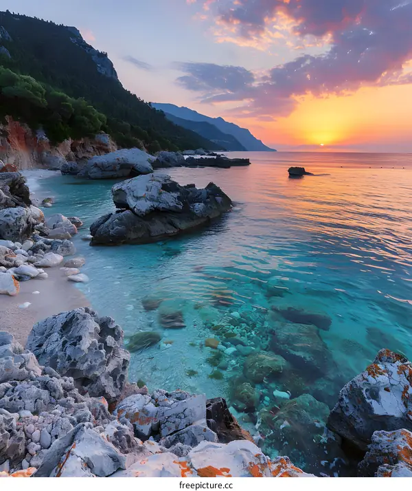 Seascape With Rocky Coastline At Sunset
